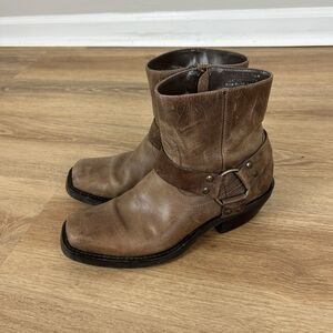 Brown Leather Harness Boots Size 7.5 Ankle Cowgirl Western Boho Square Toe